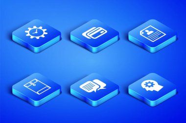 İnsan kafasını teçhizatlı hale getirin, Zaman Yönetimi, Sohbet, Zarf, Kredi Kartı ve Devam simgesi. Vektör