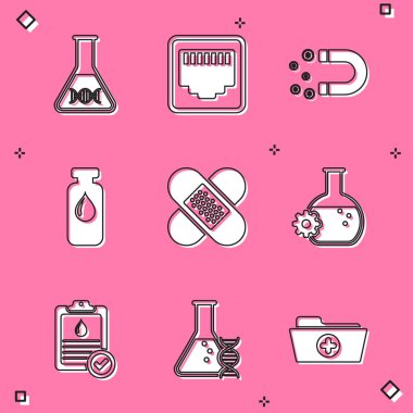 DNA araştırması, arama, ağ bağlantı noktası kablosu, para, tıbbi şişe, ampul, çapraz bandaj sıvası ve biyomühendislik ikonu. Vektör