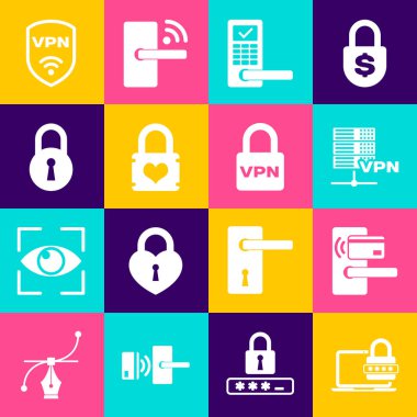 Bilgisayarı şifreyle ayarla, dijital kapı kablosuz, sunucu VPN, asma kilit kalbi ve kilit simgesi. Vektör