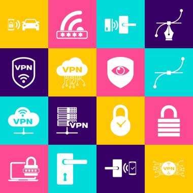 VPN 'i mikroçip devresi, Lock, Bezier eğrisi, Dijital kapı kilidi kablosuz, Bulut arayüzü ve Kalkan simgesi ile ayarla. Vektör