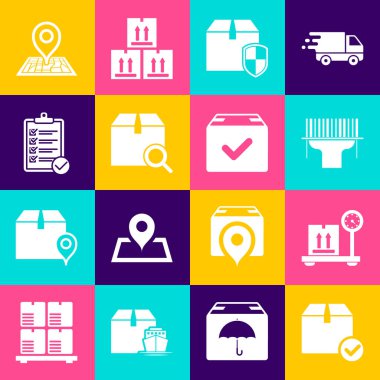 Paket kutusunu işaretli, ölçekli karton, tarayıcı tarama barkodu, teslimat kalkanı, arama paketi, dağıtım listesinin doğrulanması, yer tutucu haritası ve simgesi ile ayarla. Vektör