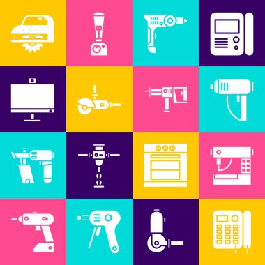 Telefonu, dikiş makinesini, elektrikli endüstriyel kurutma makinesini, matkabı, değirmeni ve bilgisayar monitörü simgesini ayarla. Vektör