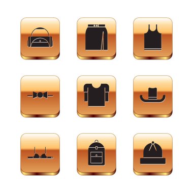 Spor çantası, sutyen, sırt çantası, uzun kollu gömlek, papyon, kolsuz tişört, kış şapkası ve etek ikonu. Vektör