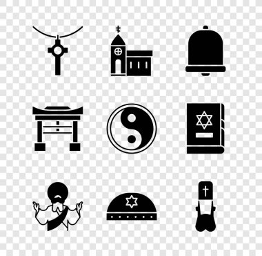 Kilise binası, çan, İsa, Yahudi kippah ve David, Rahip, Japon Kapısı ve Yin Yang ikonu 'nun yıldızları. Vektör