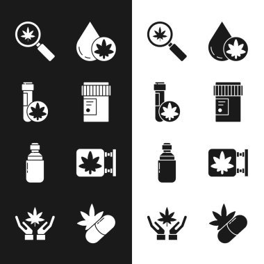 Tıbbi şişeyi esrar, kimyasal test tüpü marihuanası, büyüteç ve marihuana, zeytinyağı, dükkan, hap ve yaprak ikonu ile ayarla. Vektör