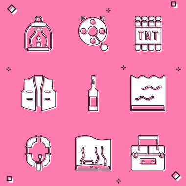 Kamp fenerini, balık tutmak için dönen makarayı, dinamit bomba çubuğunu, balıkçı ceketini, votka şişesini, akvaryumu, şişme bot ve ikonu hazırla. Vektör