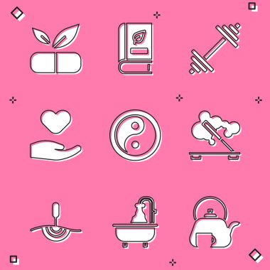 Tıbbi hapı bitki, kitap, Dumbbell, Heart in Hand, Yin Yang, kokulu spa çubuğu, akupunktur terapisi ve küvet ikonu ile ayarla. Vektör