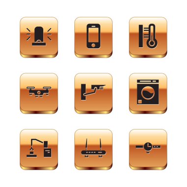 Flasher sirenini, Robot robot kol el fabrikasını, Router kablosuz ağ sinyalini, güvenlik kamerasını, İHA uçuşunu, Meteoroloji termometresini, bilek saatini ve Smartphone simgesini ayarla. Vektör