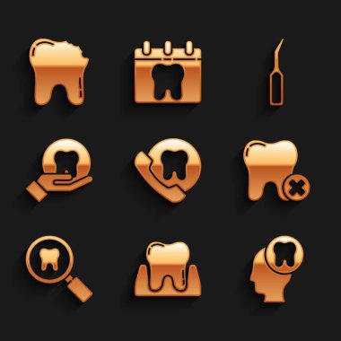 Çevrimiçi diş bakımı, diş bakımı, diş bakımı, diş bakımı, diş bakımı, kaşifler ve kırık ikon ile insan kafası. Vektör