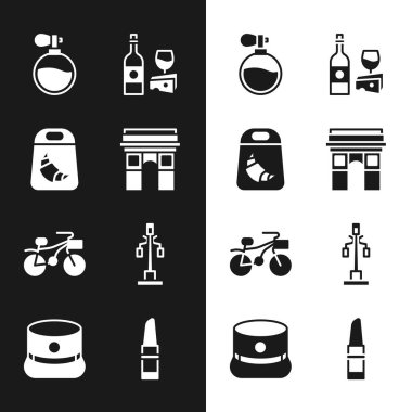 Zafer kemeri, kruvasan paketi, parfüm, peynirli şarap şişesi, bisiklet, sokak lambası, ruj ve Kepi ikonu. Vektör