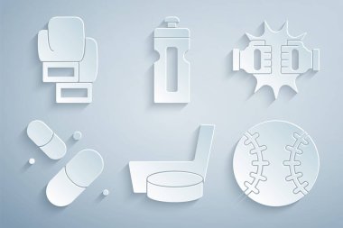 Buz hokeyi sopası ve puck, boks eldivenlerini yumrukla, vitamin hapı, beyzbol topu, fitness karıştırıcı ve boks ikonu. Vektör