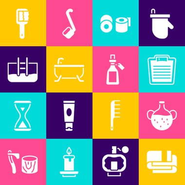 Havlu yığını, temel yağ şişesi, banyo terazisi, tuvalet kağıdı rulosu, küvet, merdivenli yüzme havuzu, sauna fırçası ve ikon. Vektör
