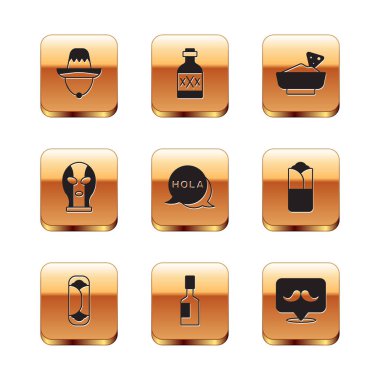 Meksika sombrero, Burrito, acı sos, Hola, güreşçi, kasede nachos, bıyık ve tekila şişesi ikonu. Vektör