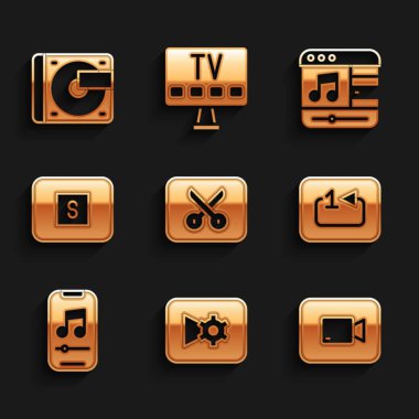 Müzik ya da video düzenleme, ayarlar, Çalma düğmesi, Plak çalıcısını Tekrarla, Plastik disk simgesi ile Ortamı Durdur ve Vinil 'i ayarla. Vektör