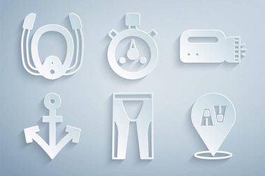 Tüplü dalış için dalış kıyafeti, Flashlight dalgıcı, Anchor, Flippers yüzme, Stopwatch ve şnorkel ikonlu dalış maskesi ayarlayın. Vektör