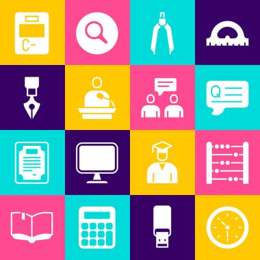 Saat, abaküs, soru içeren konuşma baloncukları, pusula çizimi, konferans, dolmakalem ucu, sınav kağıdı yanlış cevaplar ve konuşan iki adam. Vektör