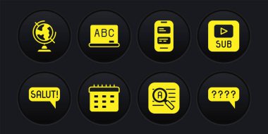 Salut 'u farklı dillerde ayarla, altyazılı video, okul zaman çizelgesi, çevirmen, çevrimiçi çevirmen, yazı tahtası, konuşma baloncukları soru ve dünya küresi simgesi. Vektör