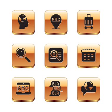 Öğrenme yabancı dilleri, yabancı online çalışma, konuşma balonu sohbeti, çevirmen, büyüteç, bavul ve alfabe simgesi. Vektör