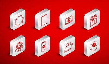 Çizgi başı avlanma konsepti, Kitap, Alışveriş septi dizüstü bilgisayar, hediye kutusu, saplı çaydanlık, yenilenme, mobil ve pazarlama hedef strateji simgesi. Vektör