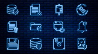 HDD sürücüsü koruması, Bell, serum çantası, silme klasörü, dosya belgesi, veritabanı sunucusu, takvim ve saat ve simge ayarlanıyor. Vektör