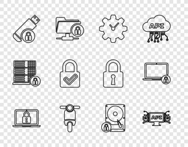 Satır dizüstü bilgisayarını ayarla ve kilitle, Bilgisayar api arayüzü, Zaman Yönetimi, Scooter, USB flash bellek ile kilidi kontrol et, sabit disk ve simge. Vektör