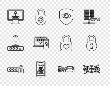 Hat parola koruması, mikroçip devresi, kalkan ve gözü olan VPN, mobil yüz tanıma, Monitör şifresi, iki adım doğrulama, akıllı araba alarm sistemi ve kilit simgesi. Vektör