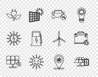 Güneş enerjisi paneli, akü, hidrojen arabası, gülümseyen şirin güneş, yaprak elektrik prizi, şarj istasyonu, alışveriş sepeti ve araba geri dönüşüm ikonu. Vektör