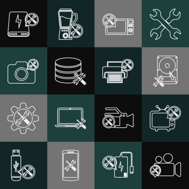 Hat kamera servisini, TV 'yi, sabit disk sürücüsünü, mikrodalga fırını, veritabanı sunucusunu, Fotoğrafı, Güç Bankası ve Yazıcı simgesini ayarla. Vektör
