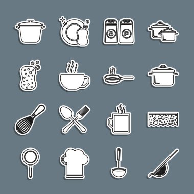 Sıralı mutfak süzgeci, köpüklü sünger, pişirme kabı, tuzlu biber, kahve fincanı ve kızartma tavası ikonu. Vektör