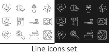 Marihuana, marihuana ve kenevir dükkanı, bitki, şişe, konum, kalbe yaprak, tüttürme piposu ve dünya ikonunu yasallaştırılmış tıbbi hapları hazırlayın. Vektör