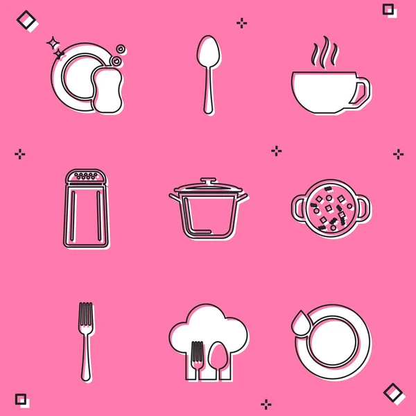 Σετ Πλύσιμο Πιάτα Κουτάλι Φλιτζάνι Καφέ Αλάτι Και Πιπέρι Μαγειρική — Διανυσματικό Αρχείο
