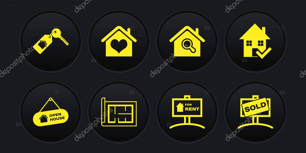 Set Hanging sign with Open house, House check mark, plan, For Rent, Search, heart shape, Sold and key icon. Vector