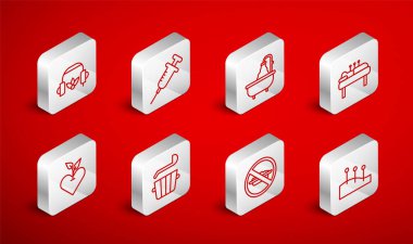 Akupunktur terapisi, şırınga, küvet, beslenme yok, meditasyon için kulaklık, sauna kovası, kepçe ve kalp ikonu. Vektör