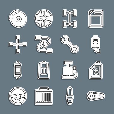 Hat zamanlayıcı kiti, motor yağı için teneke kutu, araba susturucusu, Chassis arabası, pilli akü akım kablosu, İngiliz anahtarı, kalibreli fren diski ve İngiliz anahtarı simgesi. Vektör