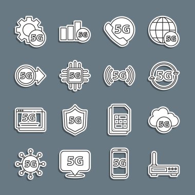 Hat yönlendirici ve kablosuz ağ sinyali, Bulut 5G ağı, Telefon, İşlemci, Ayar ve simge ayarla. Vektör