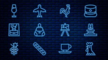 Fransız horozu, çeşme, el çantası, şarap kadehi, Easel ya da resim tahtası ve uçak ikonu. Vektör