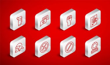 Yanan lastikler, konuşan baloncuk muhabbeti, sıkılmış yumrukla el kaldırma, Dilekçe, Ban, El bombası, X Mark, Çapraz çember ve polis miğferi ikonu. Vektör