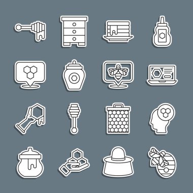 Hive hattını arılar için ayarla, arıcı, Bal çevrimiçi servisi, krep yığını, kavanoz balı, bal peteği konumu, dipper stick with ve simge. Vektör