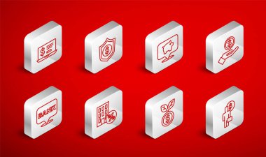 İş adamı zihin planlaması, dolarlı kalkan, domuz kumbarası, el feneri, dolar fabrikası, dizüstü bilgisayar, House percant indirimi ve banka binası ikonu. Vektör