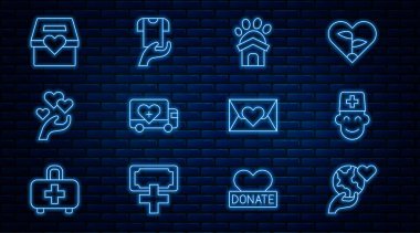 El ele tutuşan dünya, erkek doktor, hayvan barınağı, insani yardım kamyonu, kalp el, bağış hayır kurumu, kalp ve giysi bağışlama ikonu. Vektör