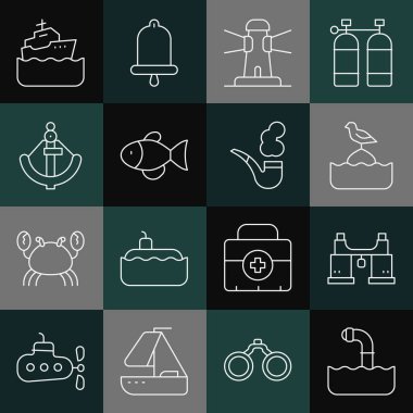 Periscope, Dürbün, Martı şamandıraya, Deniz fenerine, Balığa, Anchor 'a, Yolcu gemisine ve Smoking Pipo ikonuna oturur. Vektör