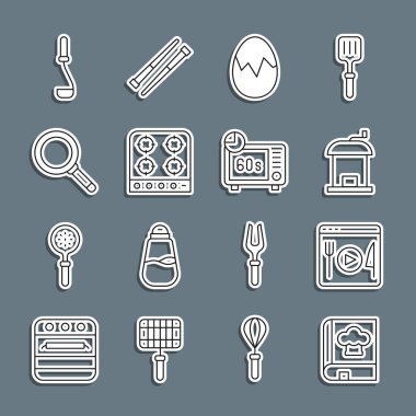 Sabit hat yemek kitabı, canlı yayın, el yapımı kahve öğütücü, kırık yumurta, gaz ocağı, kızartma tavası, mutfak kepçesi ve mikrodalga fırın ikonu. Vektör