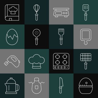 Hattı ayarla, mutfak zamanlayıcısı, ızgara çelik ızgara, kesme tahtası, elektronik pullar, Spatula, kırık yumurta, yemek kitabı ve çatal simgesi. Vektör
