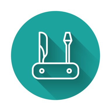 Beyaz çizgili İsviçre çakısı ikonu uzun gölgeli. Çoklu alet, çok amaçlı çakı. Çok fonksiyonlu bir alet. Yeşil daire düğmesi. Vektör.