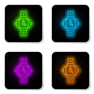 Parlayan neon hattı dalış ikonu beyaz arkaplanda izole edildi. Su altı ekipmanları. Siyah kare düğme. Vektör