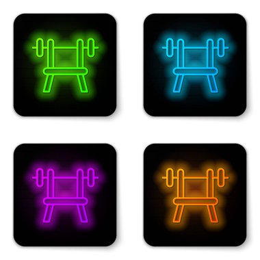 Beyaz arka planda izole halter ikonu olan parlak neon hattı Bench. Spor aletleri. Vücut geliştirme, ağırlık kaldırma, fitness konsepti. Siyah kare düğme. Vektör