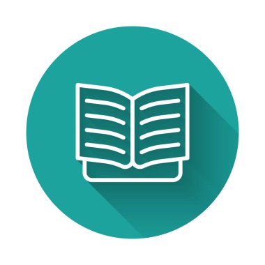 Beyaz çizgi Açık kitap simgesi uzun gölge arkaplanı ile izole edildi. Yeşil daire düğmesi. Vektör
