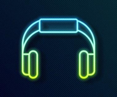 Parlayan neon hattı kulaklık simgesi siyah arkaplanda izole edildi. Kulaklıklar. Müzik, hizmet, iletişim ve operatör konsepti. Vektör
