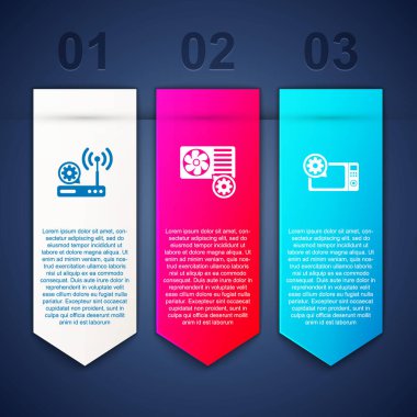 Yönlendirici ve kablosuz ağ ayarı, klima ve mikrodalga fırını ayarla. Ticari bilgi şablonu. Vektör.