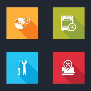 CD veya DVD disk servisi, fırın, tornavida ve anahtar ve tost makinesi simgesini ayarla. Vektör.